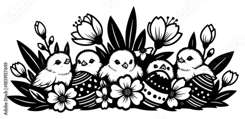 Hand drawn Easter composition with cute chicks and decorated eggs among spring flowers vector silhouette