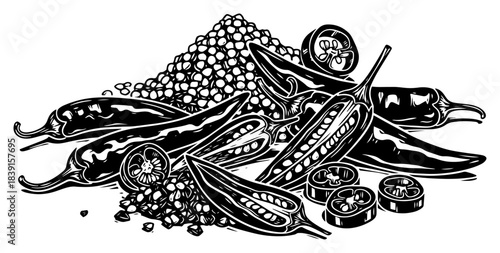 Hand drawn chili peppers pile with seeds and slices vector illustration in vintage woodcut style