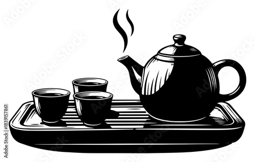 Hand drawn traditional tea set vector teapot and cups on tray with steam sketch style Asian beverage ceremony illustration