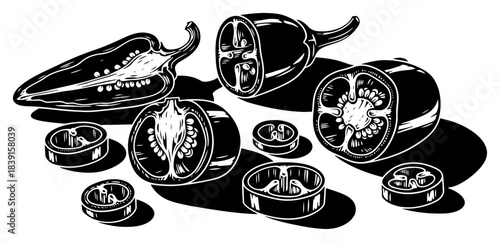 Hand drawn chili pepper set vector sliced and whole jalapeno vegetables sketch style spicy food ingredients