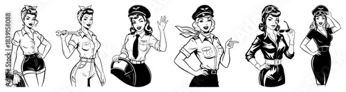 Hand drawn retro pinup girls set vector vintage female characters in uniforms mechanic and pilot sketch style