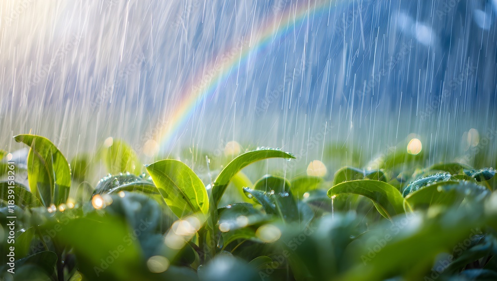 Obraz premium Gentle Spring Rain on Fresh Green Leaves with Emerging Rainbow