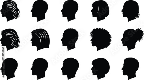 Collection of diverse male and female head silhouettes in profile view featuring various hairstyles, clean minimal vector style for design projects