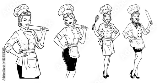 Set of retro pin-up chef women characters with rolling pins and whisks in black and white vintage style