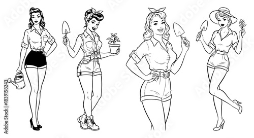 Set of retro pin-up gardener women characters with watering cans and plants in black and white vintage style