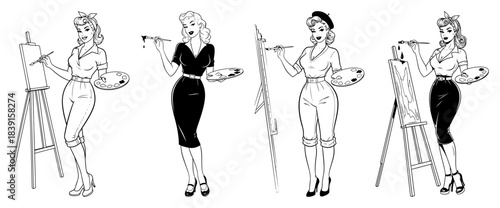 Set of retro pin-up artist women characters with easels palettes and brushes in black and white vintage style