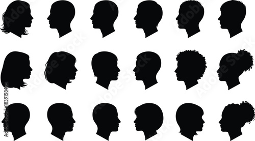 Collection of diverse male and female profile head silhouettes featuring various hairstyles in clean minimal black vector style for modern design use