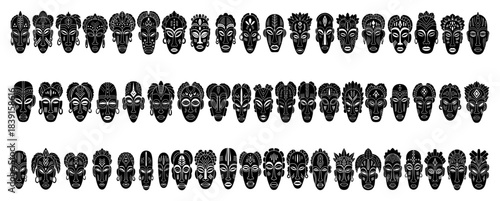 African tribal mask borders set vector silhouette ethnic face dividers