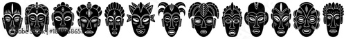 Hand-Drawn Tribal Mask Icon Set – Sketch Vector Ethnic Carved Faces Collection