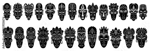 Hand-Drawn Tribal Mask Icon Set – Sketch Vector African Tiki Faces Collection