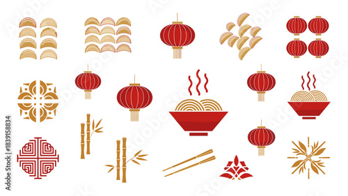 A vibrant collection of traditional Chinese New Year celebration elements and auspicious symbols.