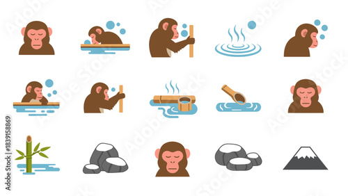 A collection of flat design icons depicting Japanese snow monkeys enjoying hot springs, alongside elements like bamboo, rocks, and Mount Fuji, representing a traditional onsen experience.