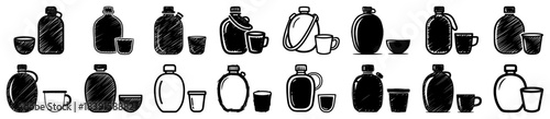 Hand-Drawn Canteen and Flask Icon Set – Sketch Vector Outdoor Water Bottle Collection