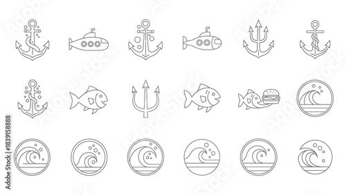 A collection of simple line art icons featuring nautical and marine elements like anchors, submarines, tridents, fish, and ocean waves.