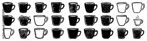 Hand-Drawn Coffee Cup Icon Set – Sketch Vector Mugs Collection