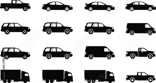 Collection of diverse vehicle silhouettes including cars, trucks, vans, SUVs, and pickups designed in clean black vector style for transportation graphics