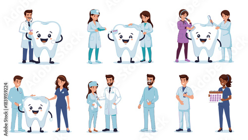 Cartoon illustrations of dentists and dental hygienists caring for a happy tooth, representing dental health and oral hygiene.
