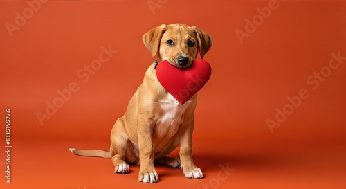 Playful puppy with a red heart-shaped toy sitting on a vibrant orange background, embodying the spirit of love and affection for Valentine's Day celebrations