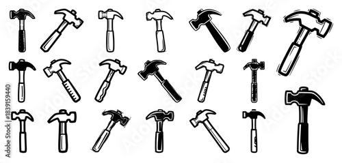Hand-Drawn Hammer Icon Set – Sketch Vector Carpenter Tool Collection