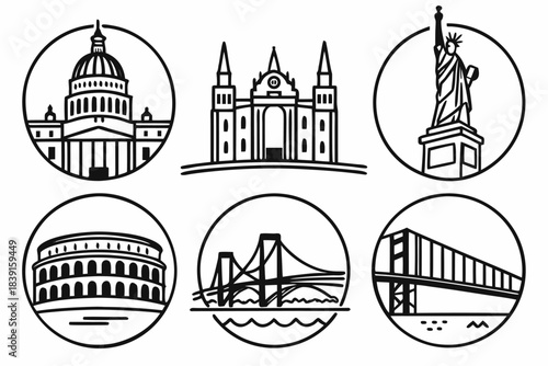 Collection of tourist attraction landmark icons in black and color