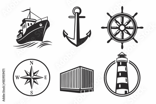 Marine and sea transport icon set black and yellow