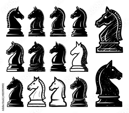 Hand-Drawn Knight Chess Icon Set – Sketch Vector Horse Piece Collection