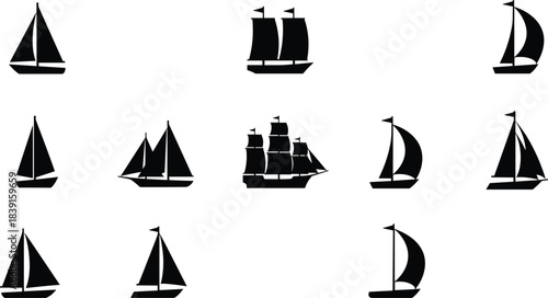Collection of elegant sailing boat silhouettes featuring yachts, classic ships, and modern sail designs created as clean nautical vector illustration graphics