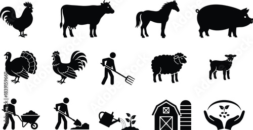 Collection of farm animals, farmers, agricultural tools, barn elements, and eco farming symbols in a clean black silhouette vector illustration set