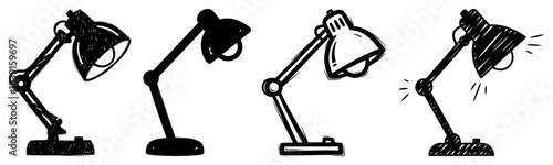 Hand-Drawn Desk Lamp Icon Set – Sketch Vector Adjustable Light Collection