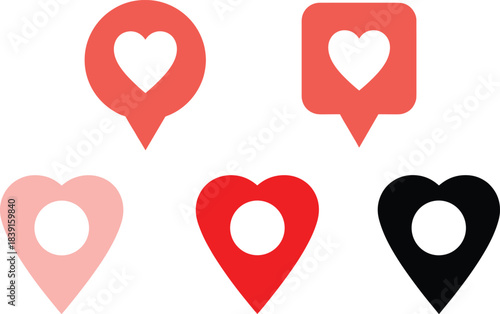 Set of five location pointer icons designed as hearts, representing favorite places, love for travel, and romantic map destinations in various colors.