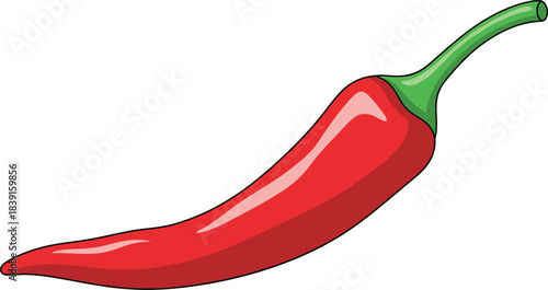 Bright red chili pepper vector illustration with a green stem, depicting a single hot and spicy ingredient used in cooking and cuisine.