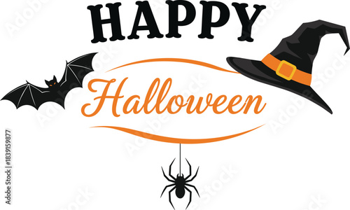 Happy Halloween typography banner design featuring classic holiday symbols like a witch's hat, flying bat, and a dangling spider on a web.