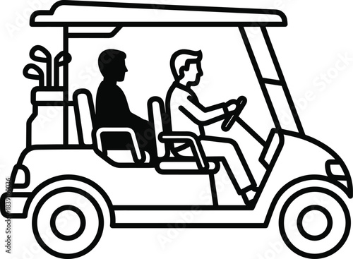Simple blue line art vector illustration of a golf cart transporting two golfers and their equipment across a scenic green course.