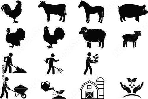 Collection of farm animals, farmers, gardening tools, barn elements, and eco agriculture symbols in clean black silhouette vector illustration set