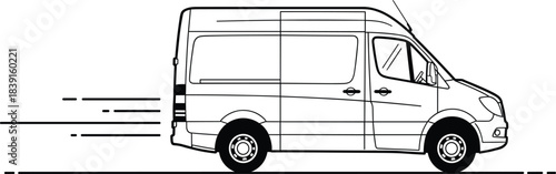 Line drawing of a courier service commercial vehicle in motion, representing urgent shipping, e-commerce transport, and package delivery services.