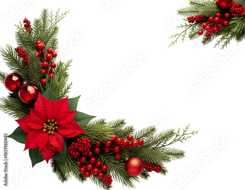 Christmas corner decoration with poinsettias and pine cones isolated on transparent background