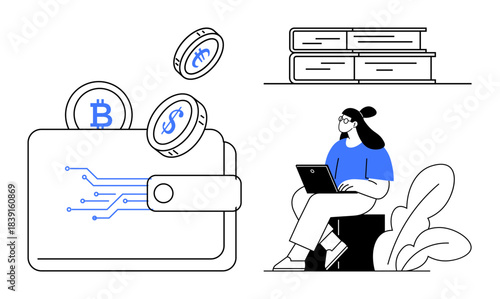 Cryptocurrency concept. Digital wallet holding Bitcoin and Dollar coins emphasizing secure transactions. Cryptocurrency for online trading, digital finance, remote work, fintech, education