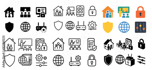 Family technology icons and security symbols