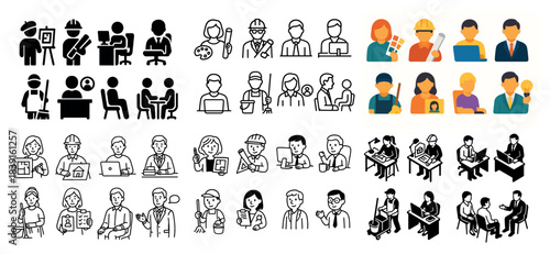 Diverse occupations icons set with men and women