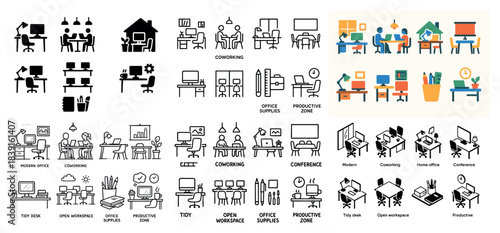 Coworking office icons and home workspace designs