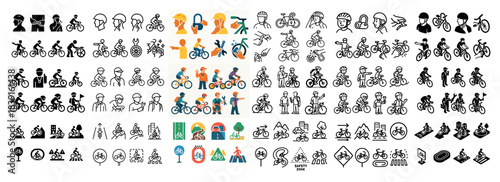 Diverse bicycle cartoon icons set