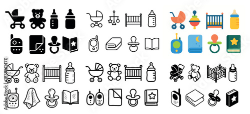 Baby essentials icons collection in various styles