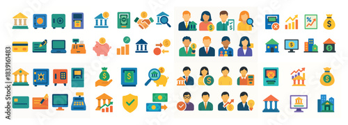 Colorful financial and business icon set collection