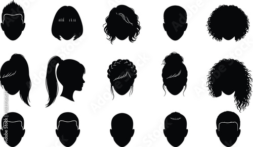 Diverse collection of men and women hairstyle silhouette illustrations showcasing modern haircuts, curly styles, ponytails, buns, and fashionable vector design elements