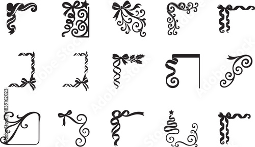 Elegant Christmas ribbon curl corner flourish silhouette set for festive decorative vector design.