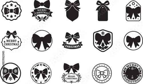 Festive Christmas bow tie and badge label silhouette icon set for seasonal decorative vector design.