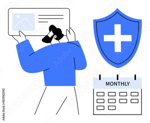 Health insurance, ID verification, subscription plans, medical security, policy management, documentation. Person holding ID card, shield with medical cross monthly calendar. Health insurance and ID