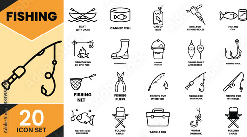 Fishing outdoor adventure line art icon set. essential gear, equipment, and activities for anglers collection. Vector