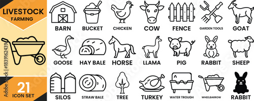 Livestock and farming line art icon collection, featuring farm animals, tools, and structures on white background Vector