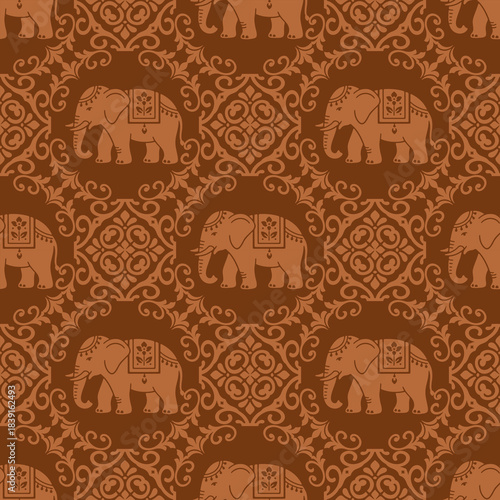 Brown elephant floral damask seamless pattern, elegant damask pattern vector wallpaper, classic damask pattern vector for Wallpaper, Fabric, Branding, Packaging, Invitations, Wedding, luxury design.